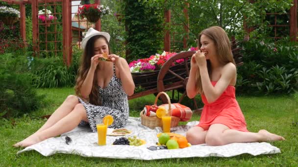 GirlsEating durante el picnic — Vídeos de Stock