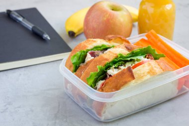 Tavuk salatalı sandviç ve havuç dilimli yemek kutusu. Arkaplanda meyve ve meyve suyu, yatay, kopyalama alanı