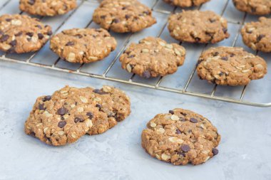 Unsuz glütensiz fıstık ezmesi, yulaf ezmesi ve çikolatalı kurabiyeler serinletici rafta, yatay