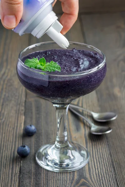 Healthy Boiled Egg Blueberry Mousse Glass Garnished Whipping Cream Vertical — Stock Photo, Image