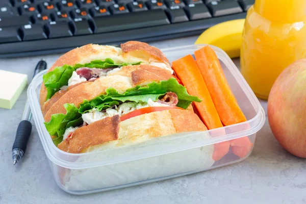 Lunch Box Chicken Salad Sandwiches Served Carrot Sticks Fruits Juice — Stock Photo, Image