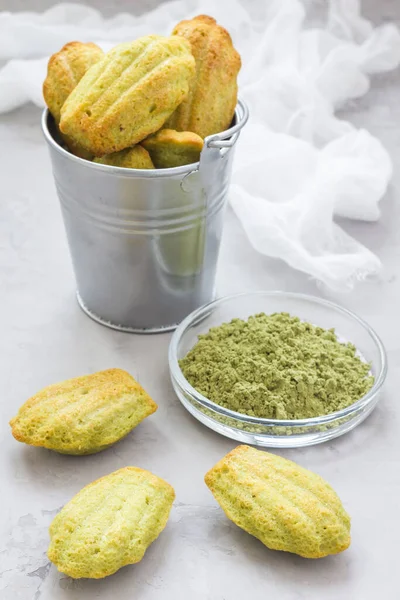 Homemade Matcha Green Tea Madeleines Table Metal Bucket Vertical — Stock Photo, Image