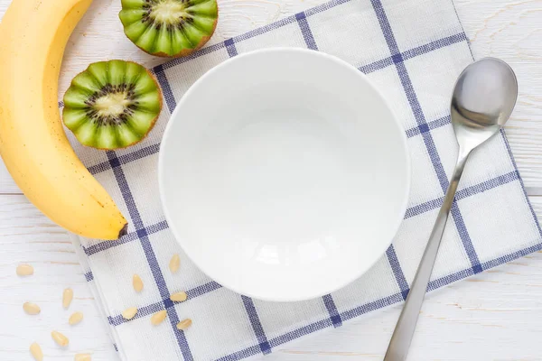 Cuenco Vacío Para Desayuno Frutas Nueces Cuchara Fondo Vista Superior — Foto de Stock