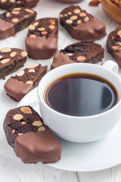 Homemade Dark Chocolate Biscotti Cookies Almonds Covered Melted Chocolate Cup — Stock Photo, Image