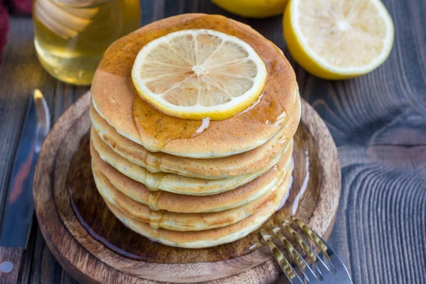 Healthy Homemade Lemon Chia Seed Pancakes Served Honey Horizontal Copy — Stock Photo, Image