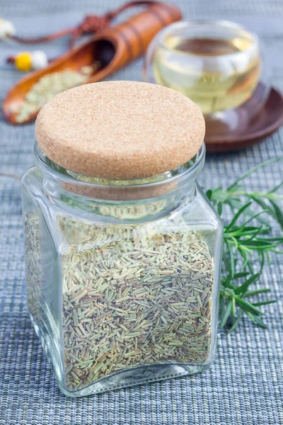 Herbal Rosemary Tea Glass Jar Oriental Background Vertical — Stock Photo, Image