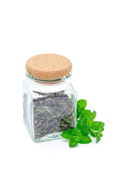 Dry Herbal Mint Tea Glass Jar Fresh Peppermint Background Isolated — Stock Photo, Image