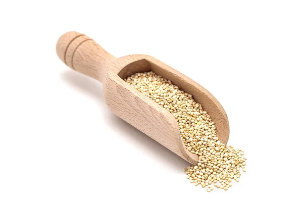 Wooden Scoop Healthy Quinoa Seeds Isolated White — Stock Photo, Image