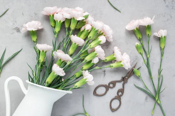 Pequeñas Flores Clavel Rosadas Tiernas Jarrón Esmalte Sobre Hormigón Gris — Foto de Stock