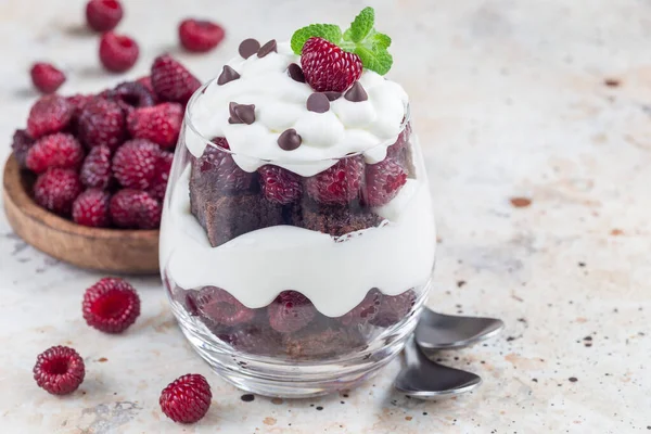 Sobremesa Trifle Com Brownie Cobertura Queijo Creme Framboesa Copo Espaço — Fotografia de Stock