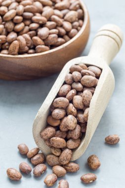 Tahta kepçe içinde pişmemiş kuru fasulye ve kasede dikey.