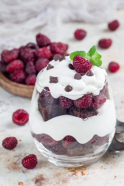 Trifle Dessert Brownie Cream Cheese Frosting Raspberry Glass Vertical — Stock Photo, Image