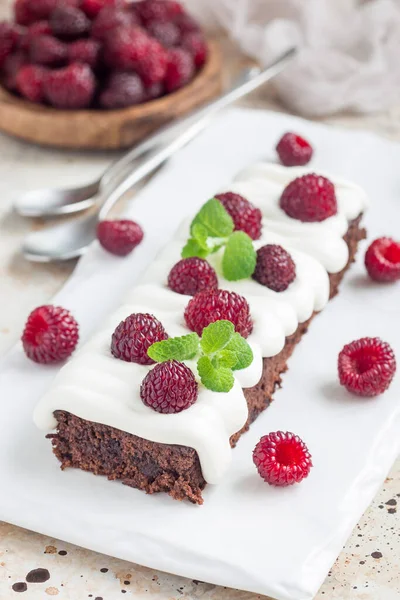 Homemade Brownies Cream Cheese Frosting Raspberry Vertical — Stock Photo, Image