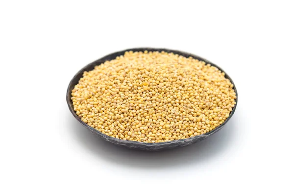 Organic Millet Groats Metal Bowl Side View Isolated — Stock Photo, Image