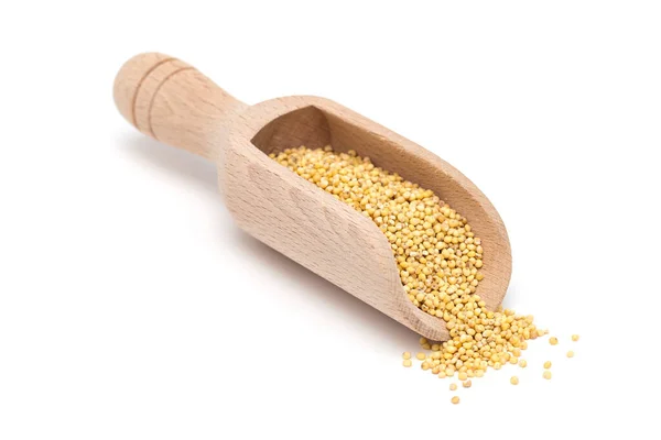 Organic Millet Groats Wooden Scoop Side View Isolated — Stock Photo, Image
