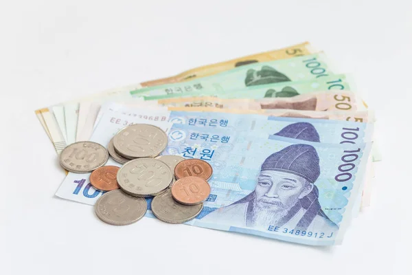 Diferentes Billetes Monedas Corea Del Sur Valor Ahorrar Concepto Dinero — Foto de Stock