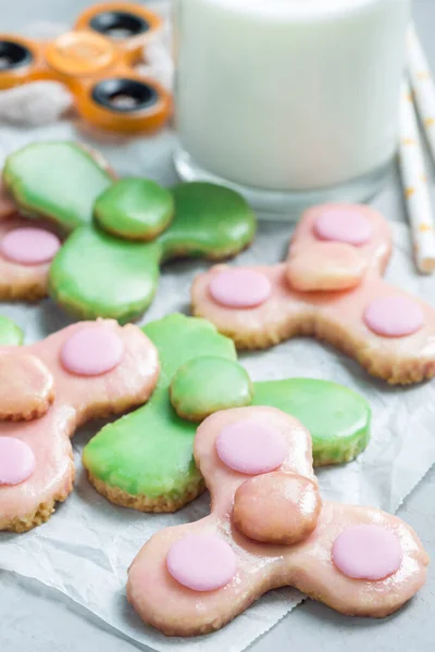 Homemade Shortbread Cookies Made Trendy Spinner Toy Form Glass Milk — Stock Photo, Image