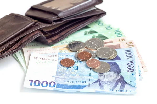 Diferente Valor Moneda Corea Del Sur Cerca Cartera Ahorrar Concepto — Foto de Stock