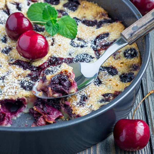 Clafoutis Cherry Baking Dish Wooden Table Square Format Closeup — Stock Photo, Image