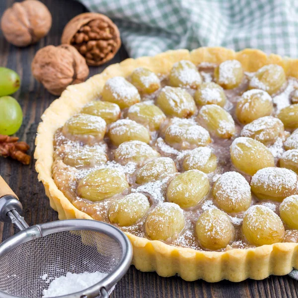 Homemade Shortbread Dough Grape Tart Walnut Praline Closeup Square Format — Stock Photo, Image