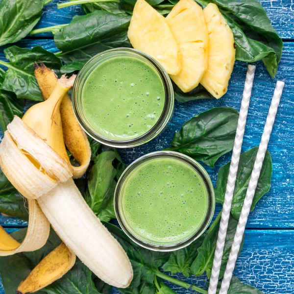 Detox Green Smoothie Spinach Pineapple Banana Yogurt Top View Square — Stock Photo, Image