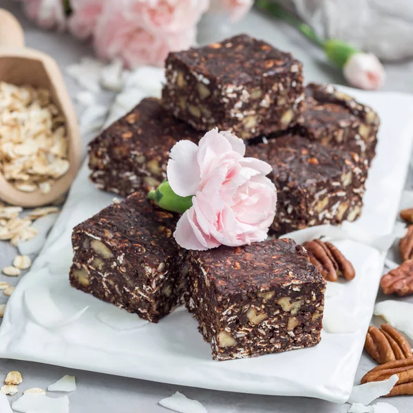 Paleo Chocolate Energy Bars Rolled Oats Pecan Nuts Dates Chia — Stock Photo, Image