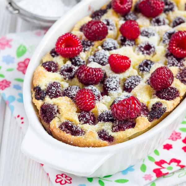 Homemade Casserole Cottage Cheese Semolina Raspberries Square Format — Stock Photo, Image