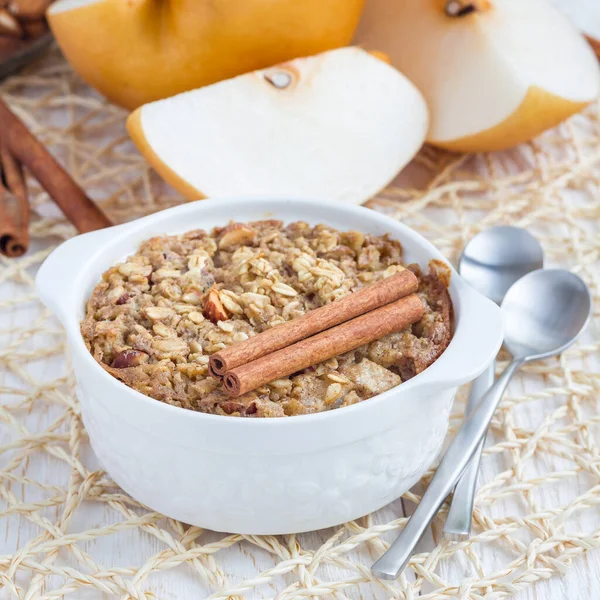 Baked Oatmeal Nuts Almond Milk Honey Spices Asian Pear Square — Stock Photo, Image