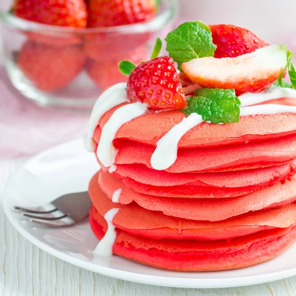 Stack Red Velvet Pancakes Yogurt Strawberry White Plate Square Format — Stock Photo, Image