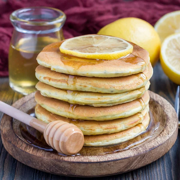 Healthy Homemade Lemon Chia Seed Pancakes Served Honey Square Format — Stock Photo, Image