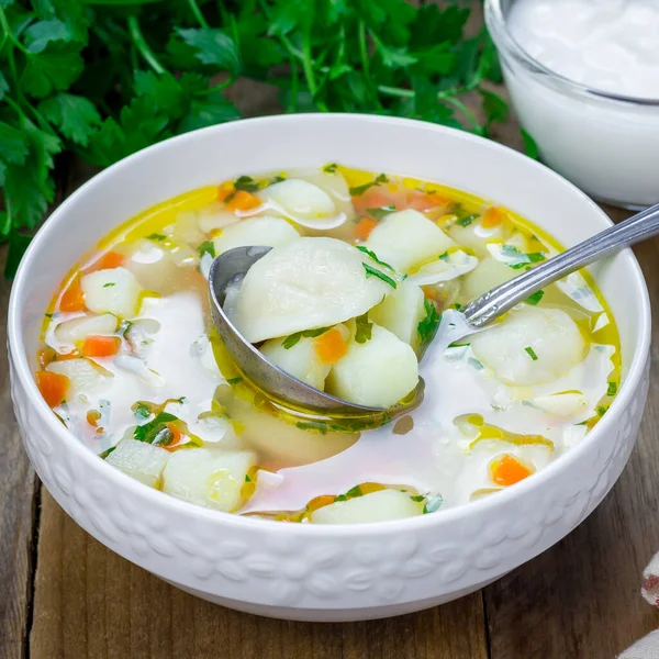 Soup Pelmeni Russian Dumplings Square Format — Stock Photo, Image