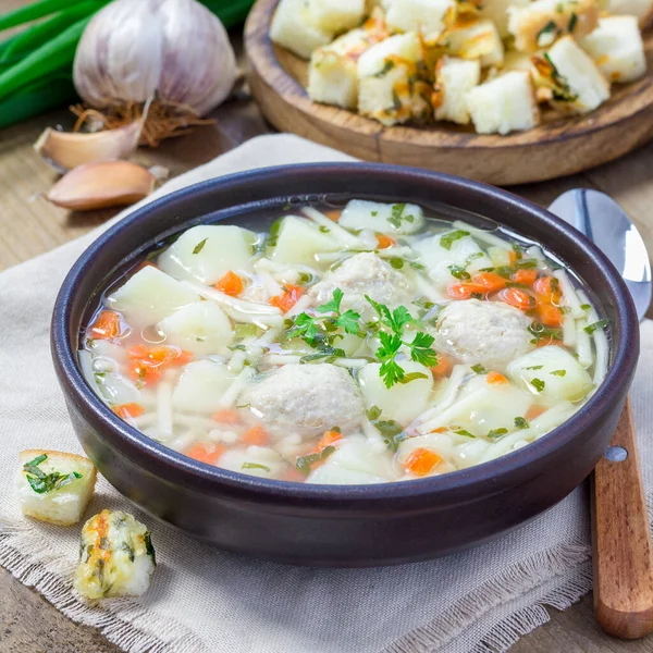 Homemade Soup Meatballs Vegetables Served Cheese Garlic Parsley Croutons Square — Stock Photo, Image