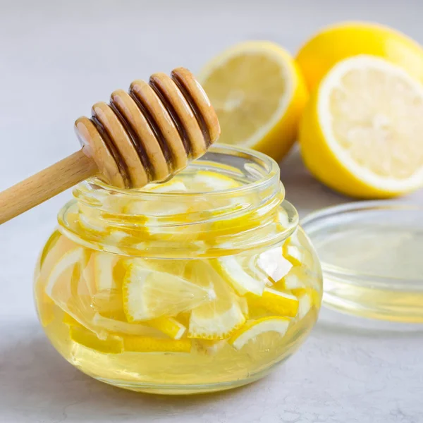 Citron Och Honung Blandning För Citrus Glasburk Ingredienser Bakgrund Fyrkantig Stockfoto