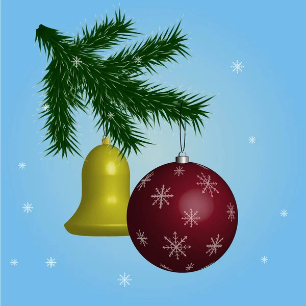 Festliche Kugeln Hängen Weihnachtsbaum Blauer Hintergrund Mit Schneeflocken Vektorillustration — Stockvektor