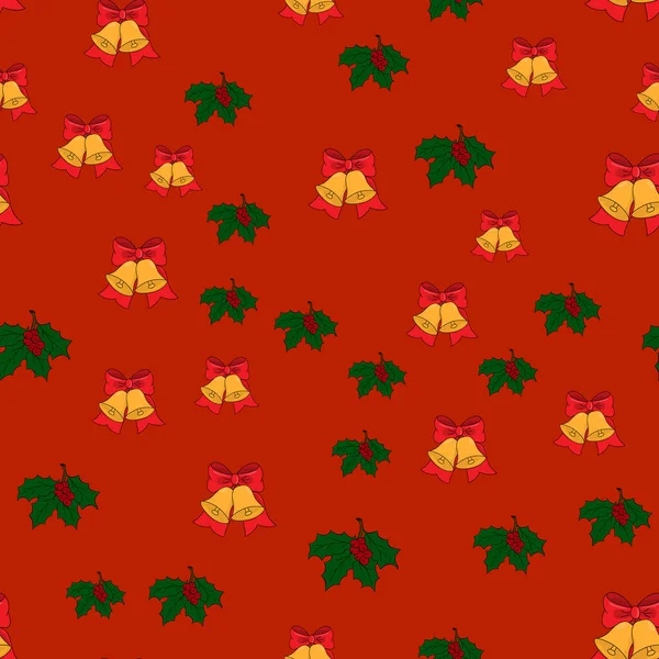 Weihnachten Nahtloses Muster Mit Glöckchen Und Stechpalmen Auf Rotem Hintergrund — Stockvektor