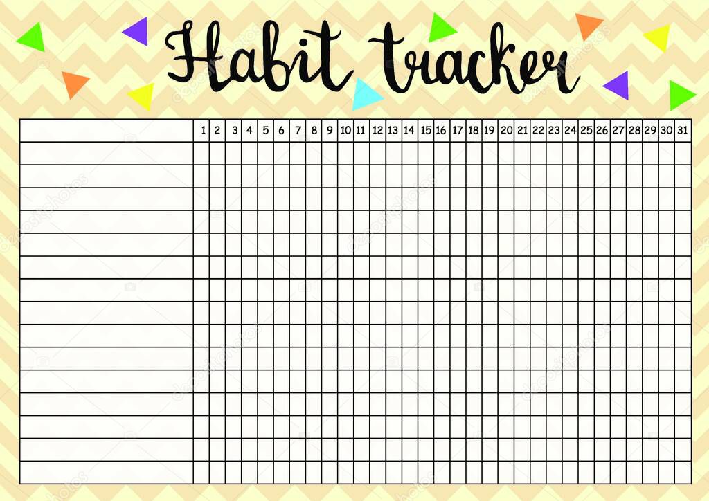 Habit tracker empty blank, monthly planner template in yellow colors, vector illustration