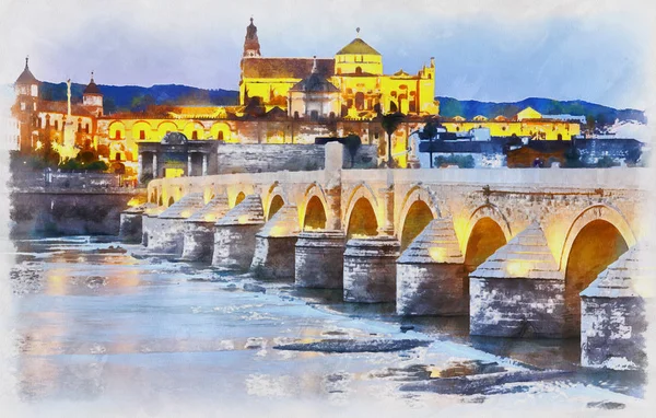 Colorful painting of Cathedral Mezquita and Roman bridge at sunset — Stock Photo, Image