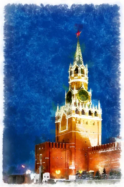 Roter Platz und Kreml bei Nacht bunte Malerei — Stockfoto