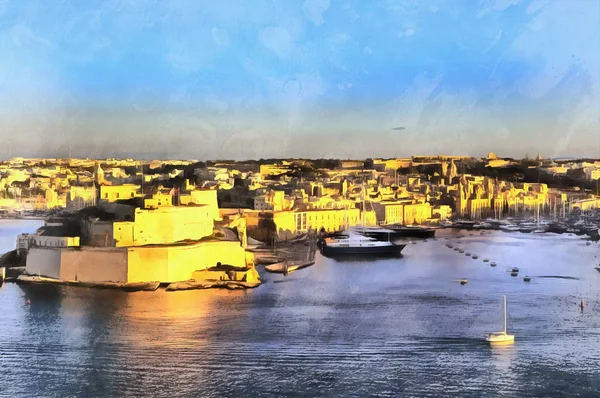 Farbenfrohe Malerei Blick auf Fort Saint Angelo Malta — Stockfoto