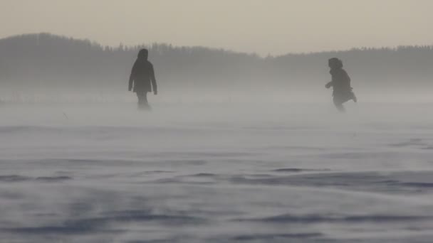 Les gens marchant au bord du lac à la tempête de neige — Video