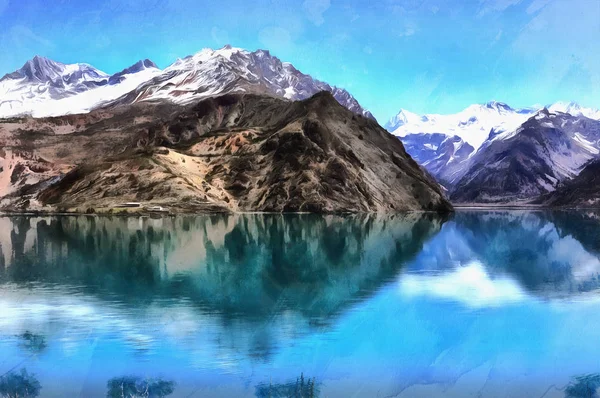 Lake Iskanderkul ve Fan dağların güzel manzara renkli resim