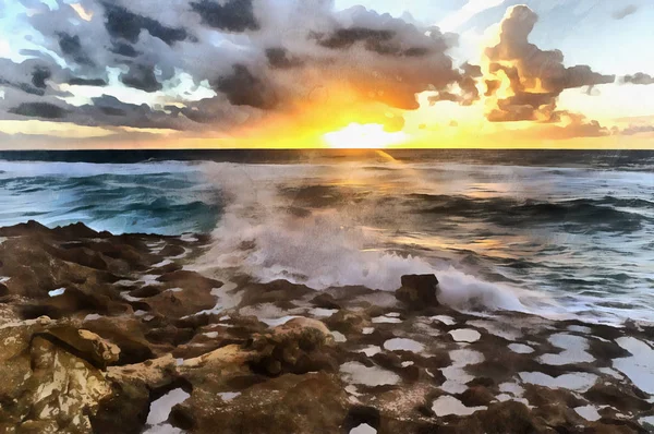 Pôr do sol sobre a praia atlântica pintura colorida — Fotografia de Stock