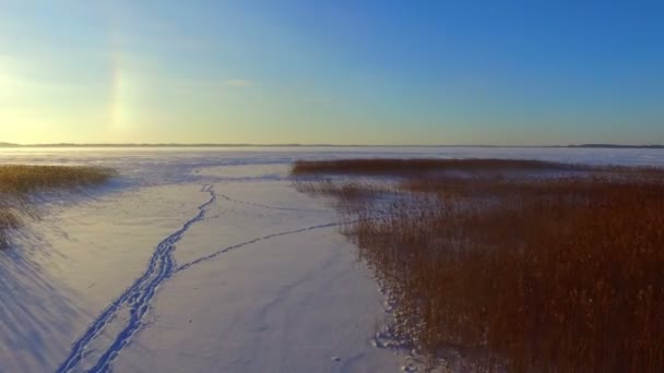 Беспилотник летит над заснеженным озером — стоковое видео