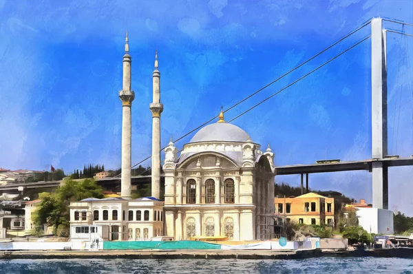 Färgglada målning av Ortakoy moskén — Stockfoto