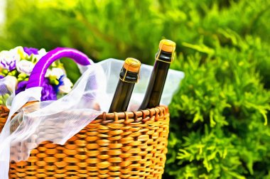 İki şişe şampanya ve çiçeklerle hasır sepet