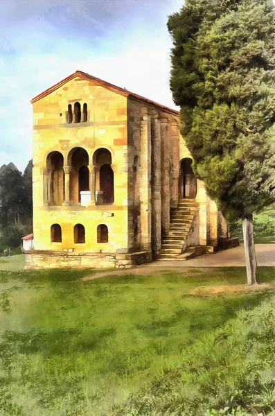 Pintura colorida de la Iglesia de Santa María en el Monte Naranco — Foto de Stock