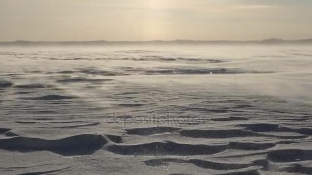 Bellissimo paesaggio con superficie innevata in rilievo e forte vento — Video Stock