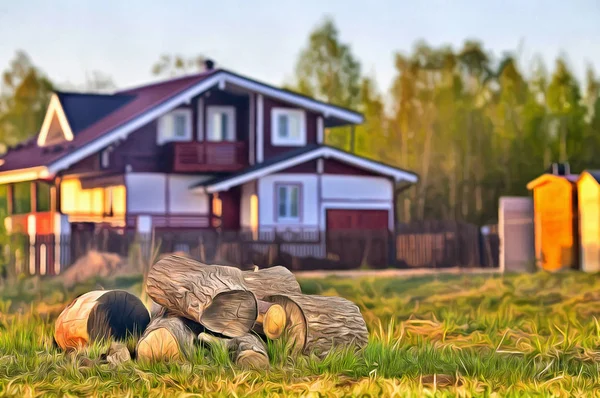 Colorful painting of beautiful landscape with firewood and the house — Stock Photo, Image