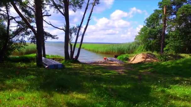 Boy playing on green grass lake shore — Stock Video