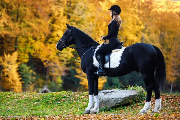 Hermosa Joven Montar Caballo Una Montaña Deporte Ecuestre Jockey Femenino —  Fotos de Stock